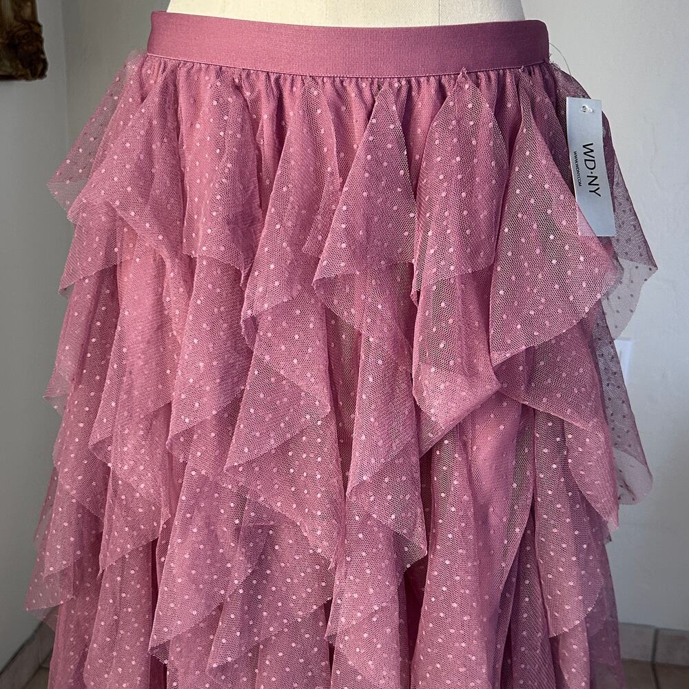 Fairycore Tulle Ruffle Midi Skirt Polka Dot Layered Mesh Pink L WD NY NWT
